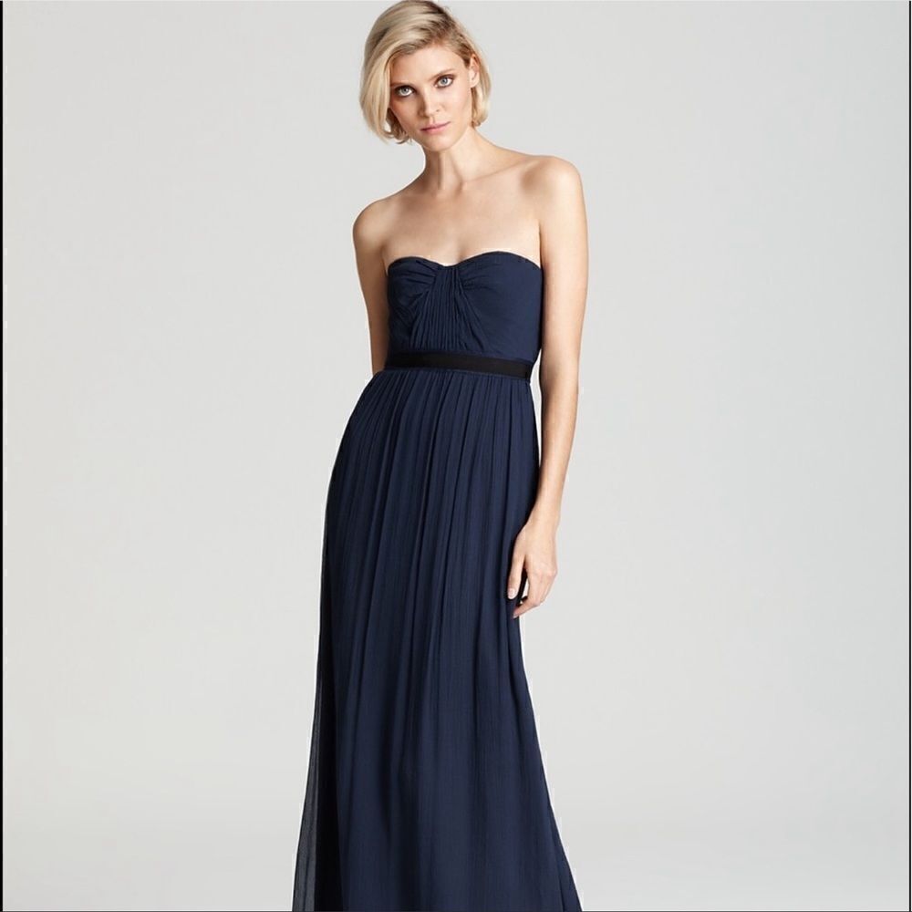 BCBGMaxAzria Amber Silk Strapless Maxi Dress in Navy